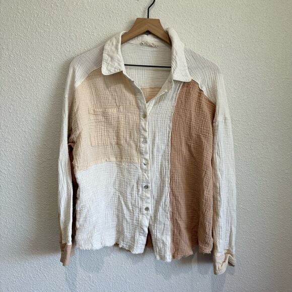 63 New In Boutique Women's Large Button Down Shirt Gauze Colorblock Boho Causal - Picture 1 of 8